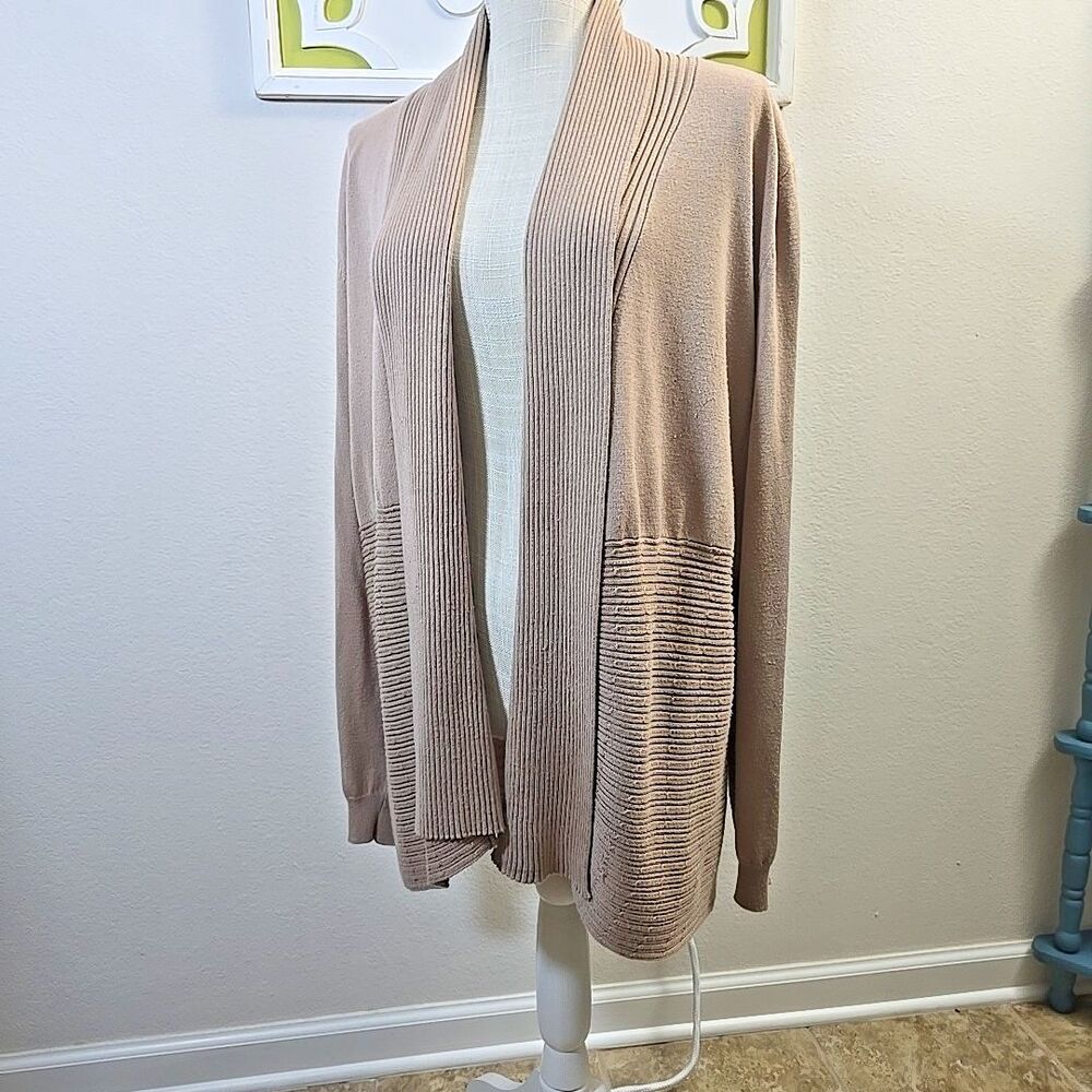 Karen Scott Cardigan Sweater Women's Large Open Front Beige Tan Long Sleeve Cozy